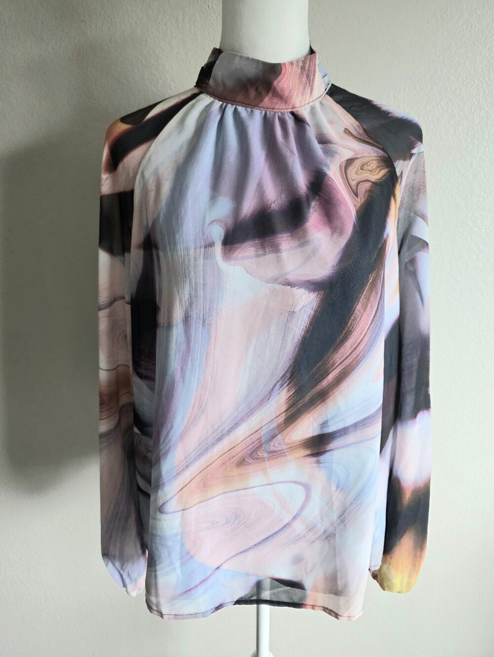 Karen Millen Blouse Top Artsy Watercolor Chiffon Lined Mock Neck Size US 10
